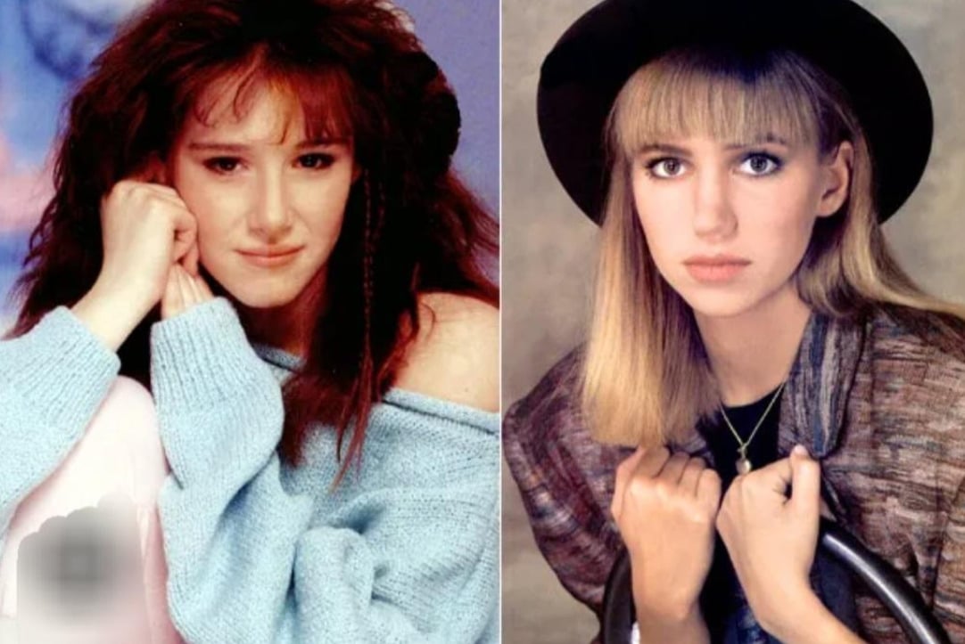 Side-by-side portraits of two women: on the left, a woman with long, wavy red hair wearing a light blue off-shoulder sweater; on the right, a woman with straight blonde hair, bangs, a black hat, and a patterned jacket.