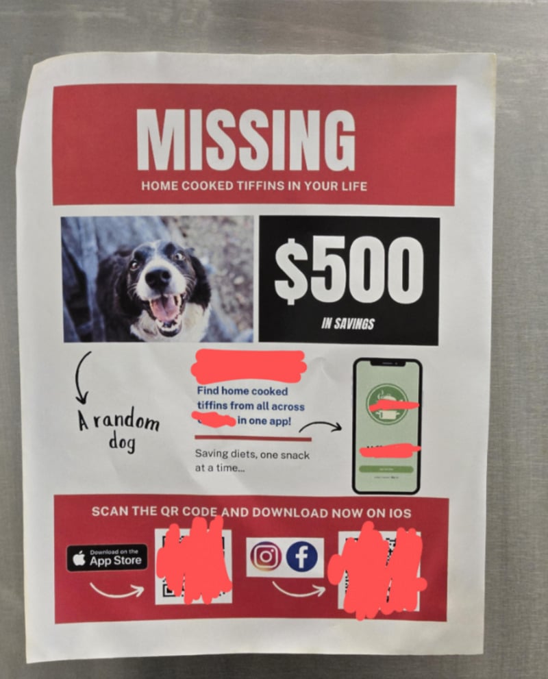 A poster with "MISSING" in large letters, a happy dog photo labeled "A random dog," $500 in savings, and an app promoting home-cooked tiffins. QR code and app/social media icons are visible at the bottom.