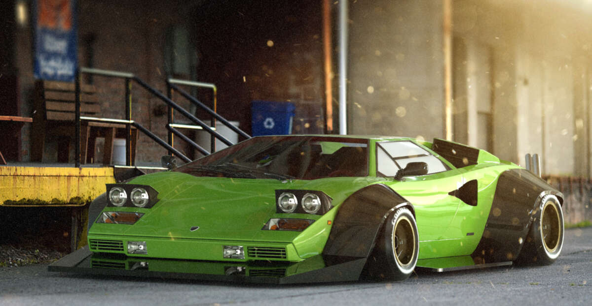 A lime green sports car with pop-up headlights and flared wheel arches is parked in front of an industrial building with yellow steps and a blue recycling bin. Sunlight creates a warm, glowing atmosphere.