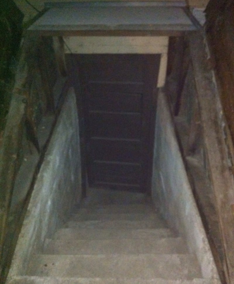 A dimly lit, narrow concrete staircase leads down to a closed wooden door, surrounded by unfinished wooden beams and walls.