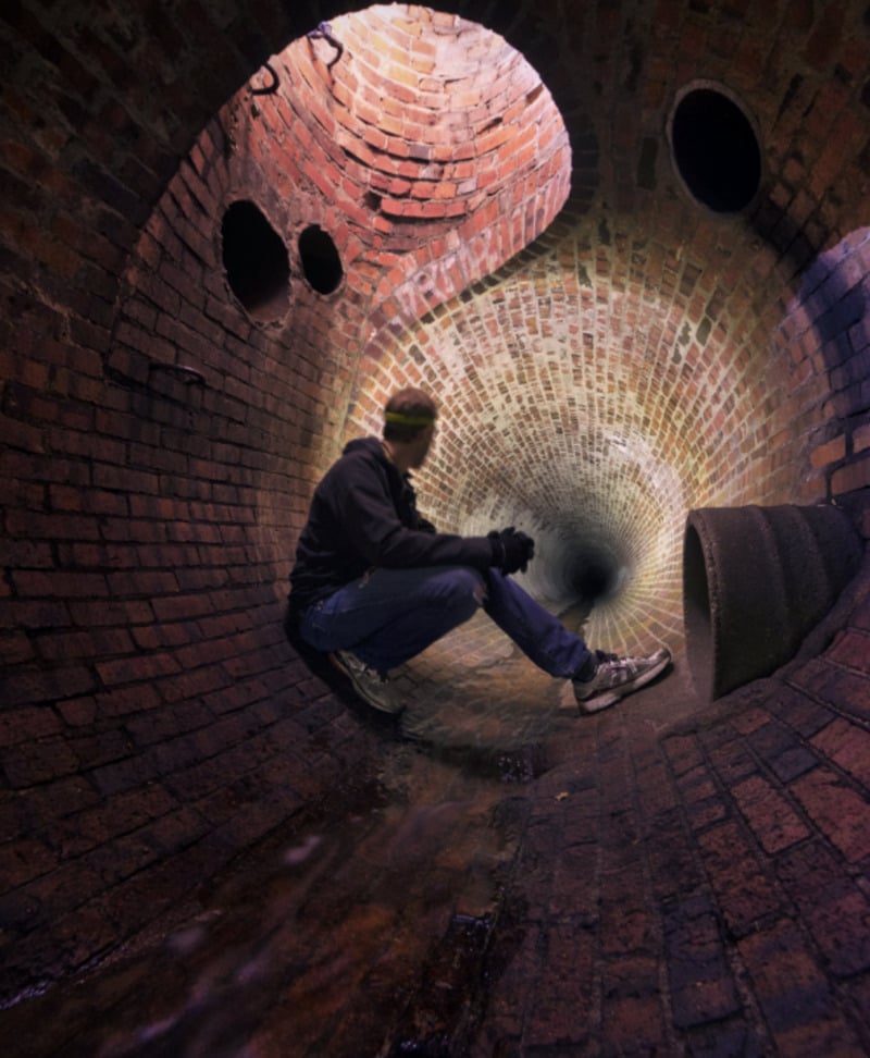 A person in casual clothes sits on the curved brick floor inside a large, cylindrical brick tunnel with circular openings and a spiral pattern, looking toward the tunnel’s dark, distant end.