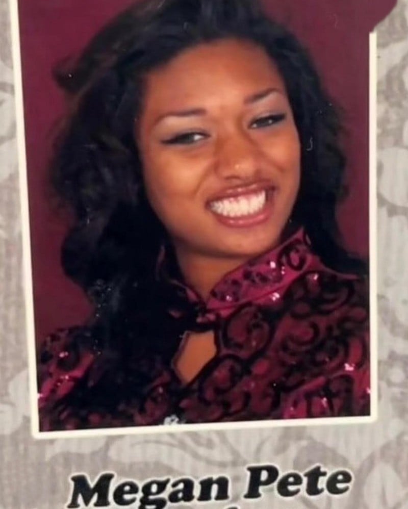 A young woman with long, dark hair smiles widely while wearing a patterned, burgundy top. The background is maroon. Text below the photo reads “Megan Pete.”