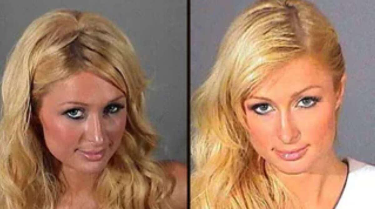 Two side-by-side photos of the same woman with long blonde hair, blue eyes, and heavy makeup, looking directly at the camera with a slight smile.