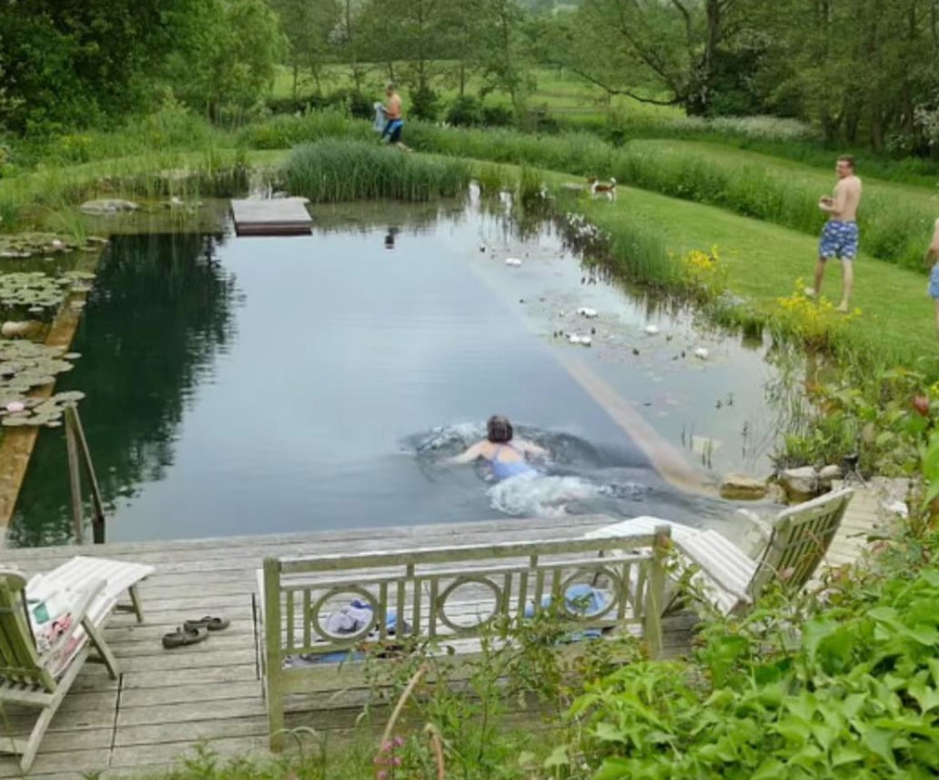 A person swims in a natural outdoor pond bordered by greenery, while others stand or sit nearby on the grassy lawn and wooden deck. A dog is also visible in the background.