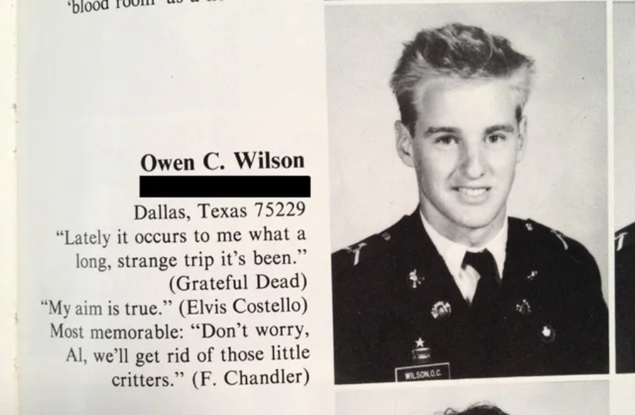 Black-and-white yearbook photo of a young man in a military-style uniform, smiling. Below the photo are his name, location, and a list of favorite quotes from musicians and TV characters.