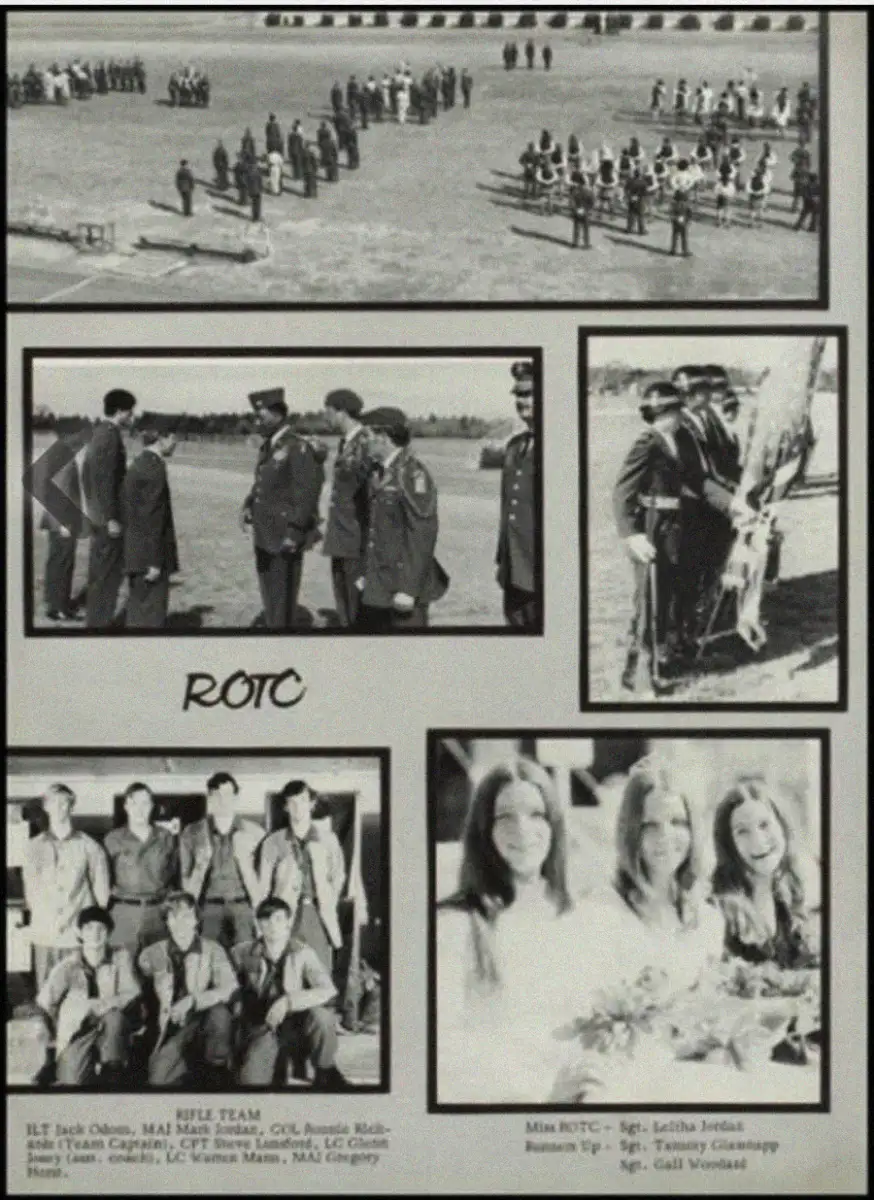 A black-and-white yearbook page shows ROTC activities: marching drills, a rifle team photo, awards, cadets at a cannon, and three young women, with text listing team members and Miss ROTC winners.