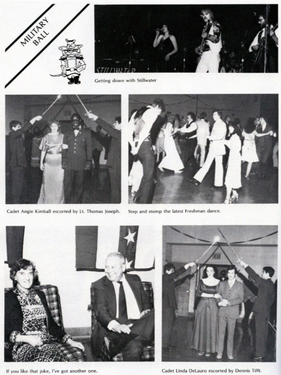 A yearbook page titled “MILITARY BALL” shows a live band, couples dancing under raised swords, a couple seated and talking, and various cadets escorted by partners at the event.