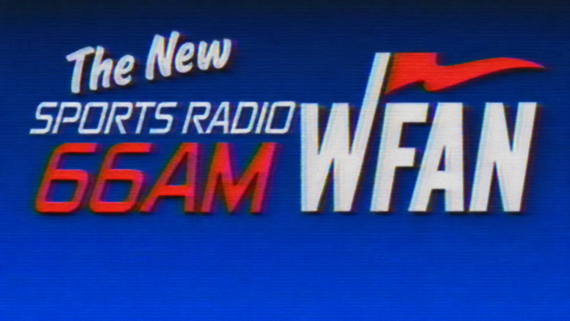 198s TV. The logo for WFAN Sports Radio 66AM features bold red and white text on a blue background with a red flag above the “F” in WFAN.