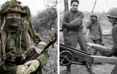 A split image: on the left, a soldier in camouflage and netting holds a rifle; on the right, two soldiers load an artillery shell while another covers his ears. Both scenes appear to be from a wartime setting.