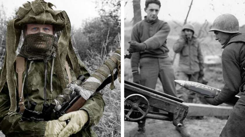 A split image: on the left, a soldier in camouflage and netting holds a rifle; on the right, two soldiers load an artillery shell while another covers his ears. Both scenes appear to be from a wartime setting.