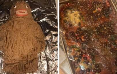 Side-by-side photos: On the left, a cake shaped and decorated like Bigfoot with brown icing and a face; on the right, an overcooked, messy casserole with burnt and unidentifiable ingredients.