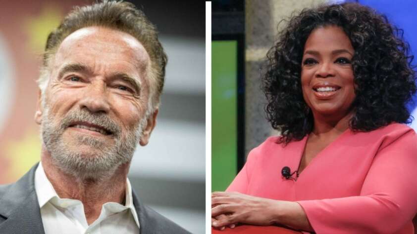 A split image shows a man with salt-and-pepper hair and a beard wearing a suit on the left, and a woman with curly hair in a pink outfit smiling while seated on the right.