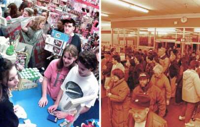 Split image: On the left, people crowd around a toy store checkout counter, holding toys and board games. On the right, a large group waits in line inside a store with red lighting, some wearing winter coats.