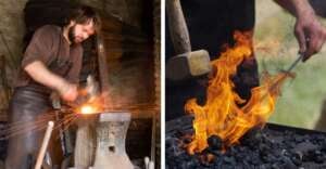 A blacksmith works with metal, striking it on an anvil with a hammer as sparks fly; beside him, a hand shapes hot metal in a fire with flames and tools visible.