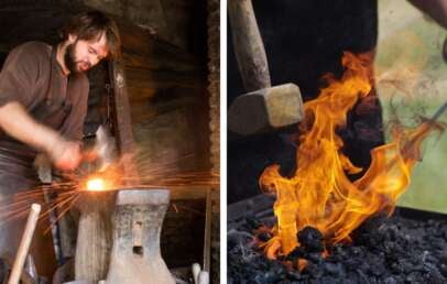 A blacksmith works with metal, striking it on an anvil with a hammer as sparks fly; beside him, a hand shapes hot metal in a fire with flames and tools visible.