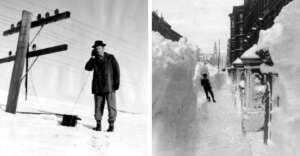 Left: A man using a telephone in deep snow beside a tilted utility pole. Right: A person stands in a city street with snow piled higher than their head, creating narrow pathways between buildings.