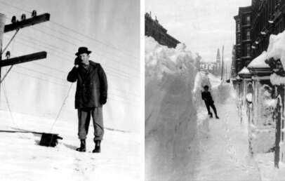 Left: A man using a telephone in deep snow beside a tilted utility pole. Right: A person stands in a city street with snow piled higher than their head, creating narrow pathways between buildings.