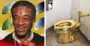 A split image: on the left, a smiling man with face tattoos and a pink diamond implanted in his forehead; on the right, a shiny gold toilet in a plain bathroom with a roll of toilet paper above it.