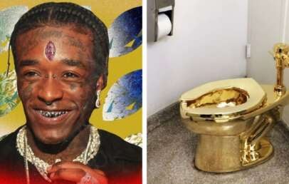 A split image: on the left, a smiling man with face tattoos and a pink diamond implanted in his forehead; on the right, a shiny gold toilet in a plain bathroom with a roll of toilet paper above it.