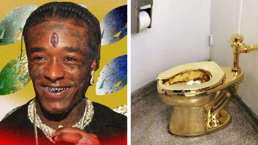 A split image: on the left, a smiling man with face tattoos and a pink diamond implanted in his forehead; on the right, a shiny gold toilet in a plain bathroom with a roll of toilet paper above it.