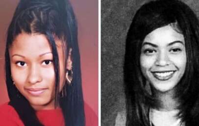 Side-by-side portraits of two young women: the left image is in color, showing a woman with long dark hair, hoop earrings, and a red top; the right image is a black-and-white photo of a smiling young woman with shoulder-length hair.
