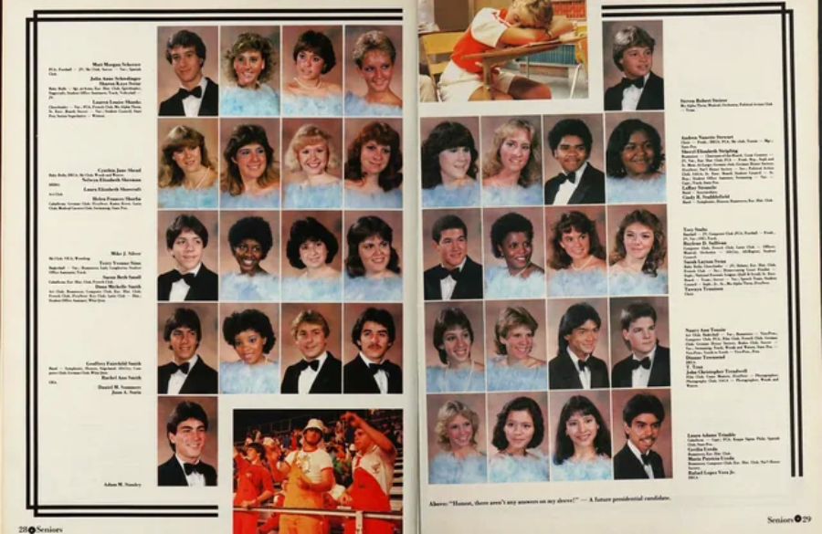 A yearbook spread shows formal portraits of high school students in tuxedos and blue dresses, with names listed on the side. Smaller photos feature a girl sleeping at a desk and students cheering at a sports event.