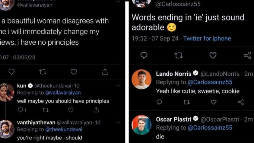 A split image of two Twitter exchanges: Left, a user jokes about changing views if a beautiful woman disagrees; replies suggest having principles. Right, users list “-ie” ending words like cutie and cookie, finishing with “die.”