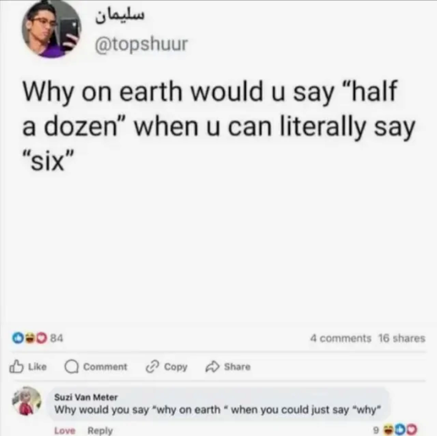 A tweet asks, "Why on earth would u say 'half a dozen' when u can literally say 'six'?" A comment below says, "Why would you say 'why on earth' when you could just say 'why.'