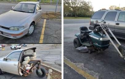 A collage of two unusual vehicles: One is a car with its rear half missing, exposing seats and machinery; the other is a green lawnmower modified with chopper motorcycle handlebars and a long front fork.