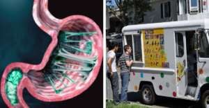 A split image: on the left, a digital illustration of a stomach filled with green strings of chewing gum; on the right, three people stand beside an ice cream truck with colorful treat pictures on the side.