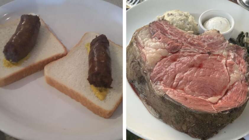 Left: Two slices of white bread each topped with a sausage and a dab of mustard. Right: A plate with a thick slice of rare prime rib, mashed potatoes, horseradish sauce, and green beans.