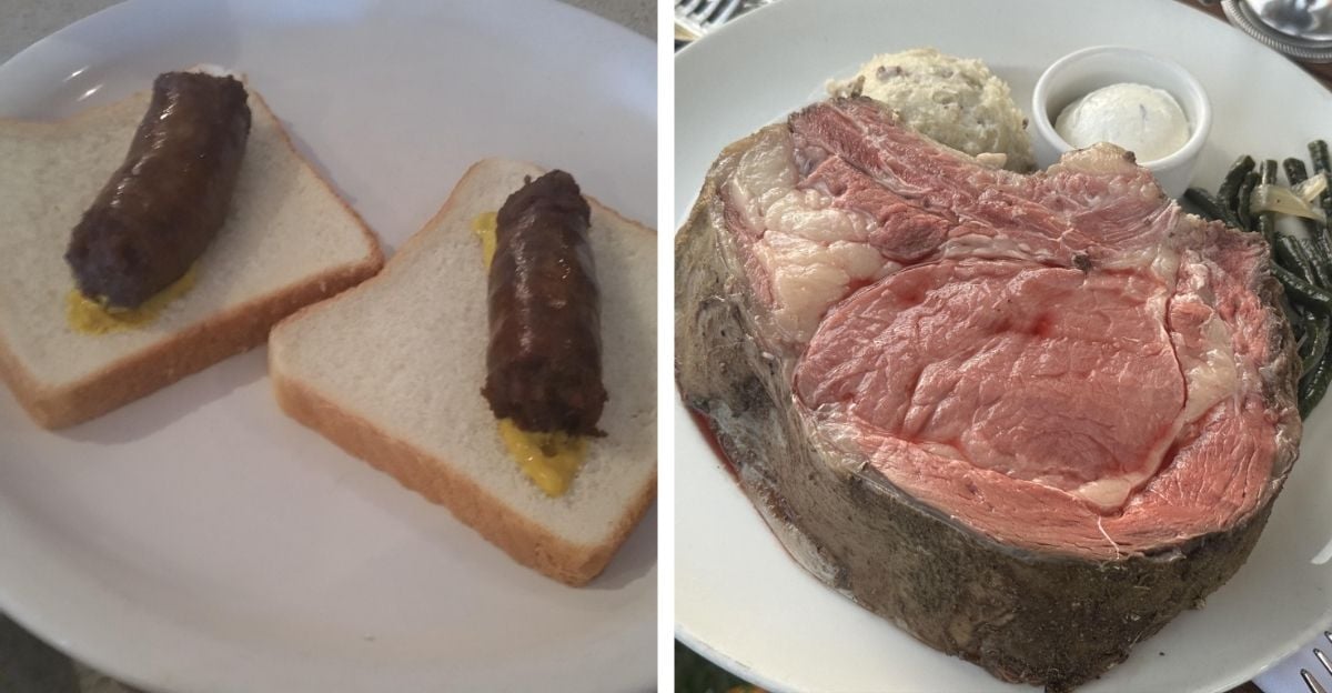 Left: Two slices of white bread each topped with a sausage and a dab of mustard. Right: A plate with a thick slice of rare prime rib, mashed potatoes, horseradish sauce, and green beans.