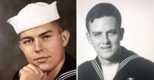 Side-by-side portraits of two young men in Navy uniforms and sailor hats. The left image is in color, with the man resting his chin on his hand; the right image is black and white, showing the man smiling slightly.