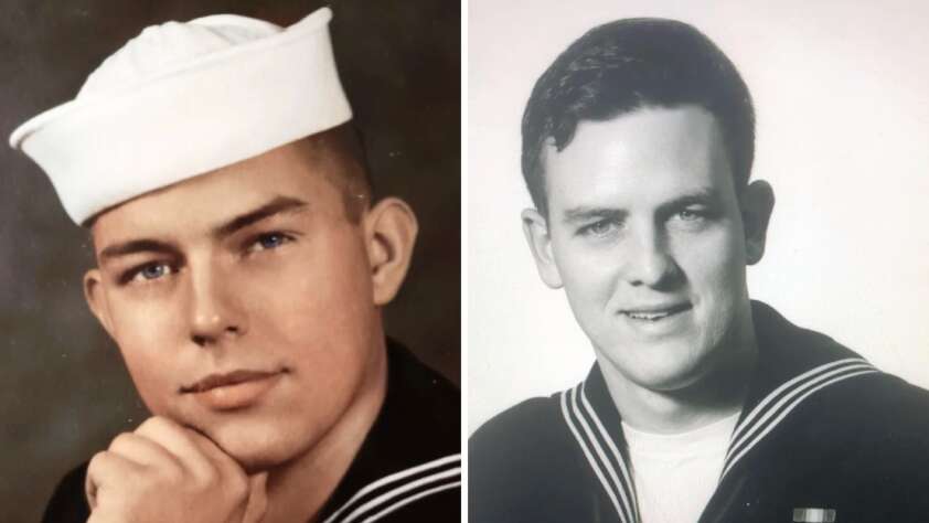 Side-by-side portraits of two young men in Navy uniforms and sailor hats. The left image is in color, with the man resting his chin on his hand; the right image is black and white, showing the man smiling slightly.