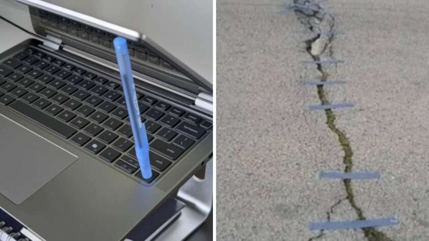 On the left, a laptop with a pen wedged between the keyboard and screen to keep it open. On the right, a cracked pavement patched with strips of tape placed across the crack.