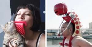 On the left, a woman uses a pink cat brush held in her mouth to groom a cat. On the right, a person wears a contraption resembling a red robot tomato, which feeds a tomato to their mouth.