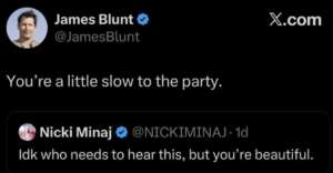 A tweet from James Blunt says, "You're a little slow to the party," in response to a tweet from Nicki Minaj that says, "Idk who needs to hear this, but you're beautiful.