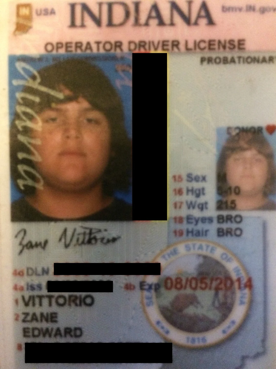 An Indiana operator driver license featuring a young person with dark hair. Key details such as ID number, address, and signature are visible, some information is redacted. The license issue date is 08/05/2014.