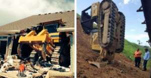 Left: A large bulldozer has crashed through the wall of a house, causing severe damage. Right: A construction vehicle is flipped vertically on a dirt slope while two people observe the scene.