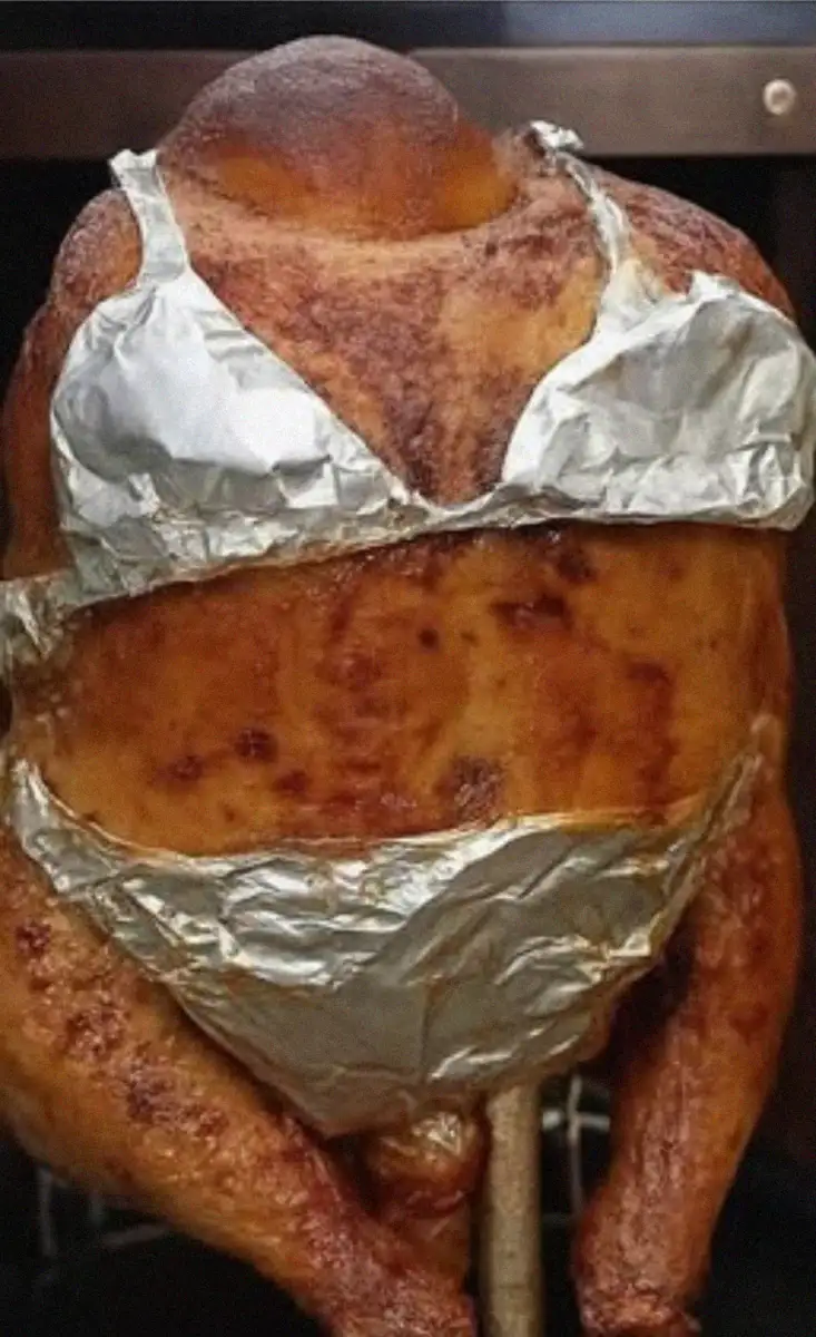A roasted turkey is displayed upright, with pieces of aluminum foil shaped like a bra and underwear covering its chest and lower body.