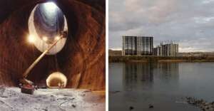 Left: Workers in a large, lit underground tunnel with a crane. Right: An unfinished, multi-story concrete building stands by a river, with cloudy skies and ducks in the water.