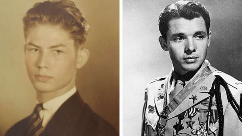 Two black-and-white portraits side by side: on the left, a young man in a suit and tie; on the right, a young man in a decorated military uniform with medals and badges.