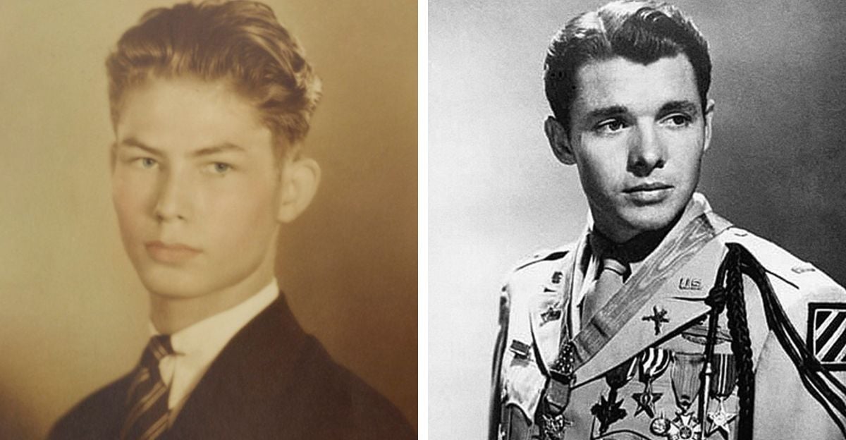 Two black-and-white portraits side by side: on the left, a young man in a suit and tie; on the right, a young man in a decorated military uniform with medals and badges.
