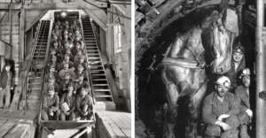 Black and white photos: On the left, miners sit and stand on stairs inside a wooden industrial building; on the right, miners and a horse stand underground, all wearing helmets with lamps.