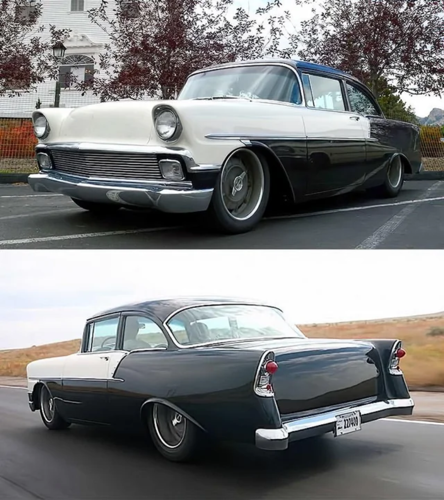 A classic two-tone black and white car is shown from the front left side in the top image and from the rear right side in the bottom image. The car is low to the ground with vintage styling and smooth lines.