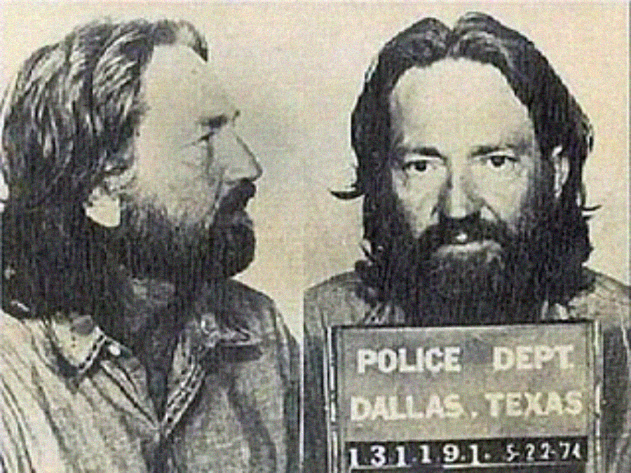 Black and white mugshot of a man with long hair and a beard, shown in both profile and front view, holding a sign that reads "POLICE DEPT. DALLAS, TEXAS" with numbers below.