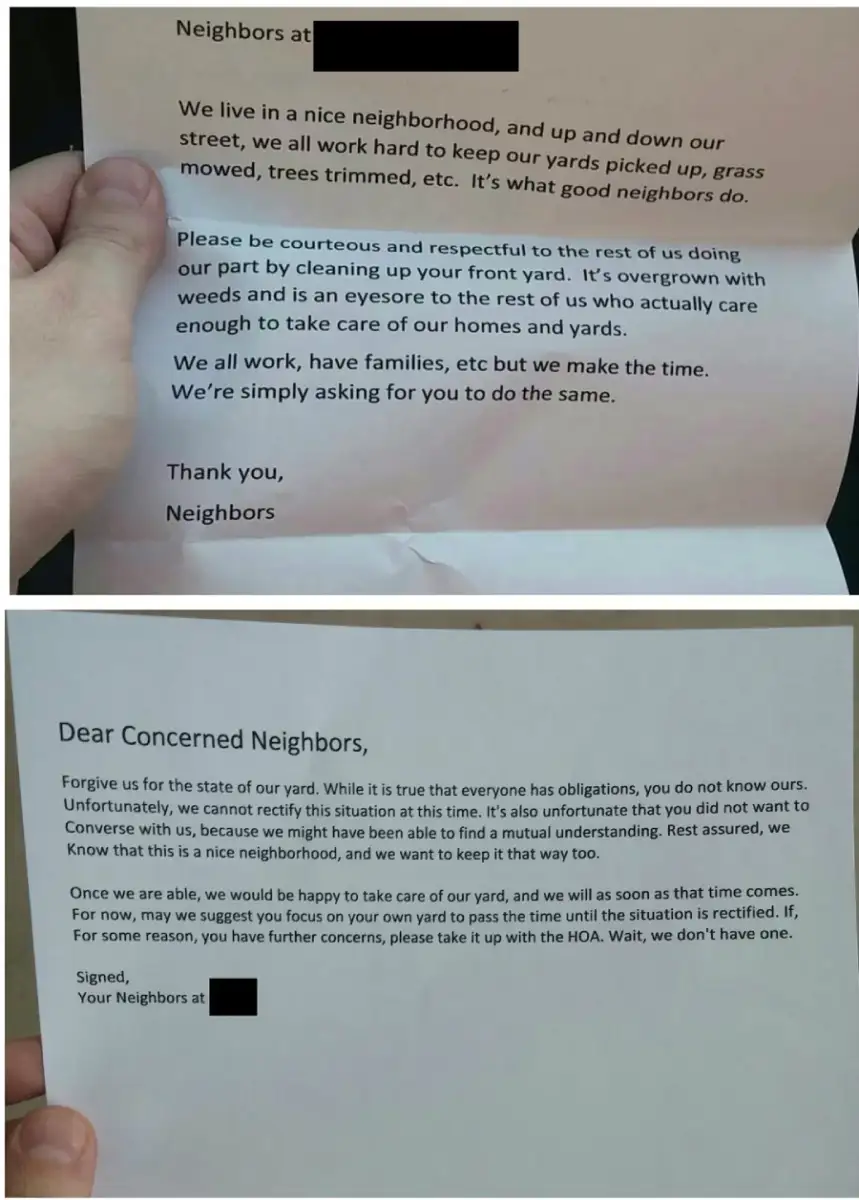 Two letters are pictured. The first asks neighbors to maintain their yard, mentioning overgrown weeds. The second, in response, apologizes, explains their situation, and requests understanding until they can address the yard.