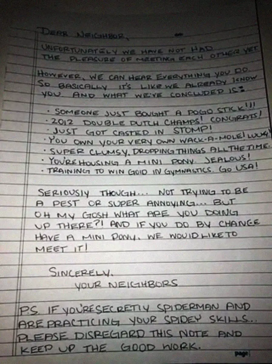 A handwritten note on lined paper lists noises overheard by neighbors, including "double dutch champs," "2012 Olympic Games host," and "training to win gold in gymnastics." The note humorously asks to meet, unless the person is Spiderman.