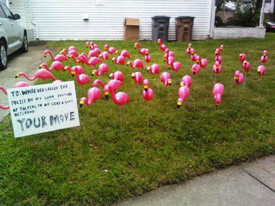 A yard filled with pink plastic flamingos. A handwritten sign reads, "To: Whoever called the police on my lawn instead of talking to me like a grown neighbor—YOUR MOVE." Three trash bins are in the background near a white house.