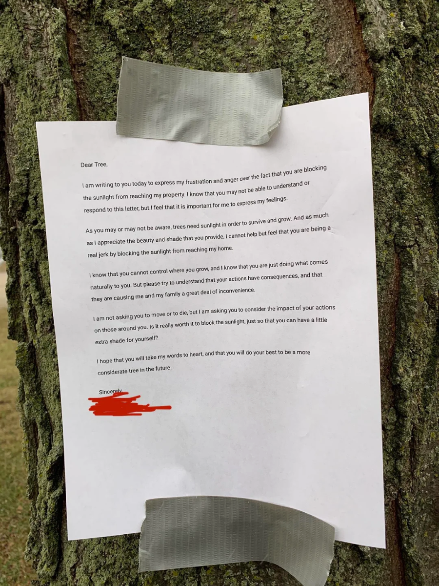 A typed letter addressed to a tree is taped to the tree trunk with duct tape. The letter expresses frustration about the tree blocking sunlight from the writer's property. Some parts are redacted for privacy.